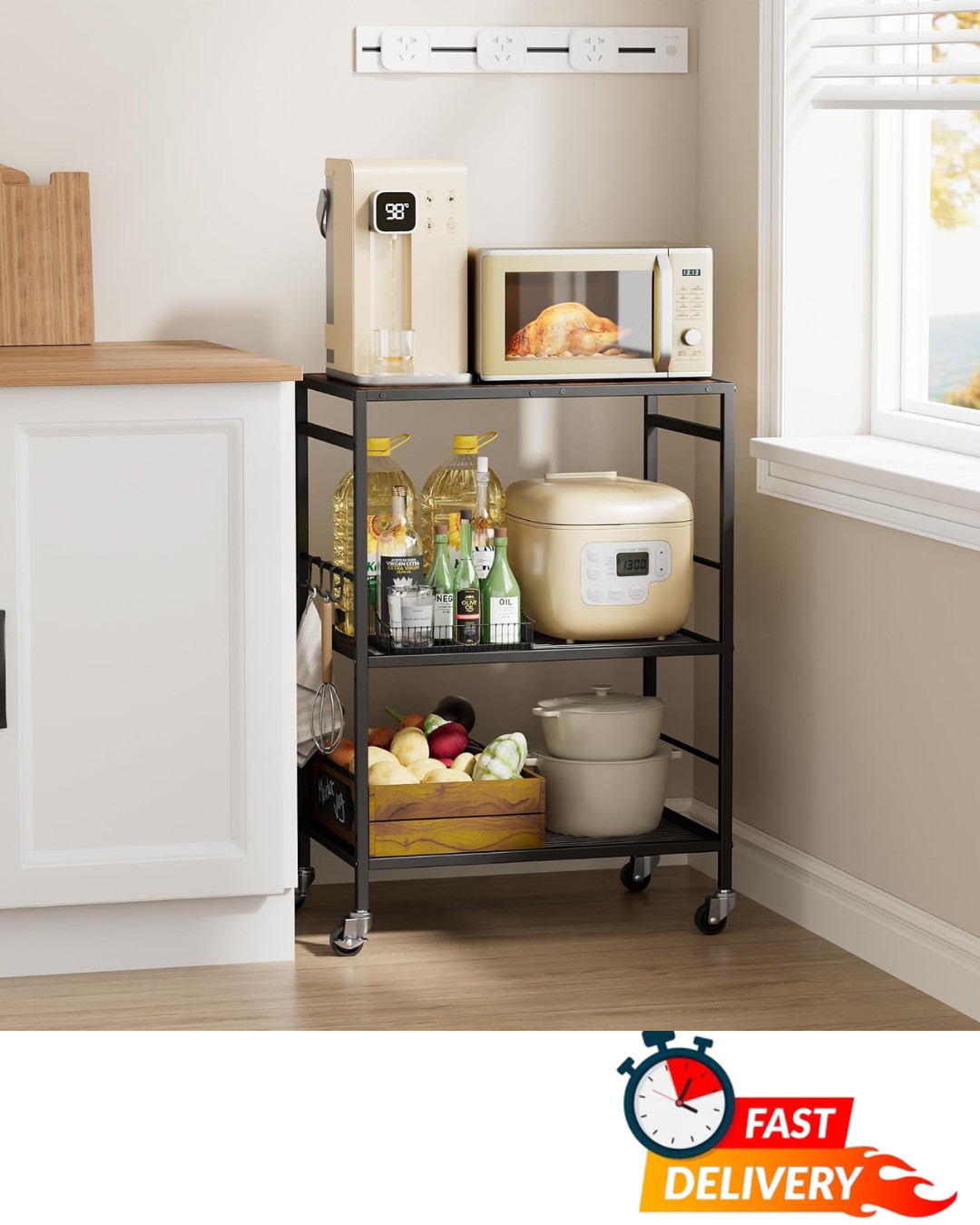 3 Tier Rolling Microwave Cart Utility Stand Coffee Shelf Metal Kitchen Organizer