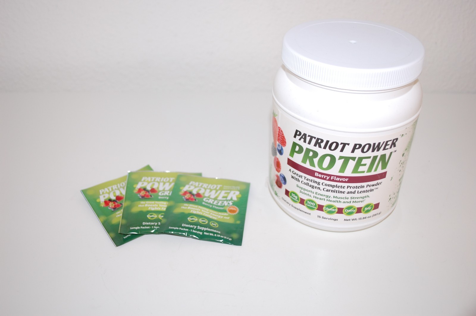 Patriot Power Protein Berry Flavor drink mix, 13.86 oz - 3x Power Greens Samples