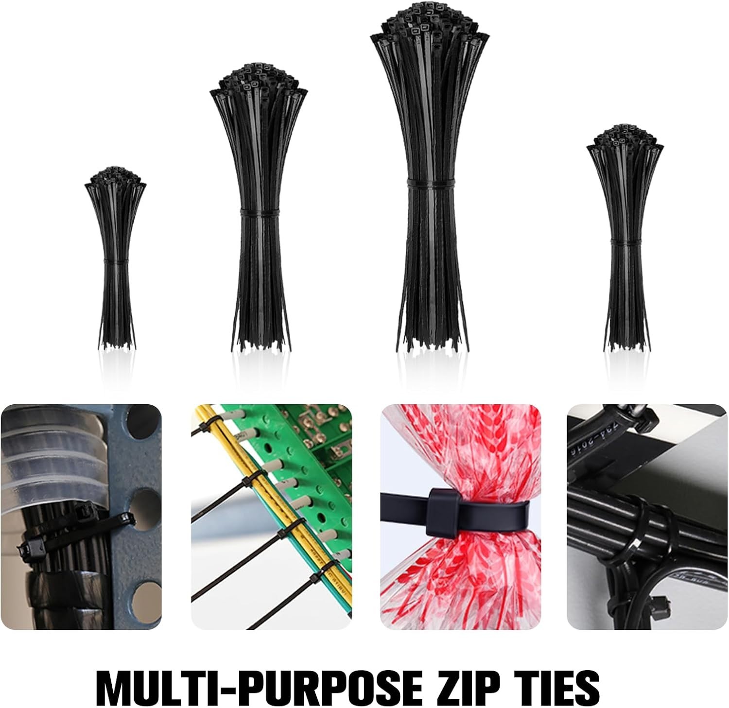 Zip Ties Assorted Sizes(4”+6”+8”+12”), 2000 Pack,Black Cable Ties,Multi-Purpose