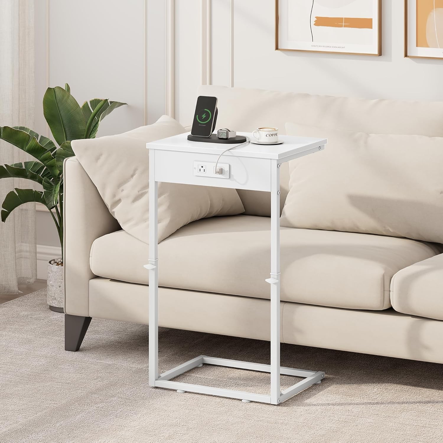 C Shaped End Table W/ Charging Station Adjustable Height Side Table Couch,Small