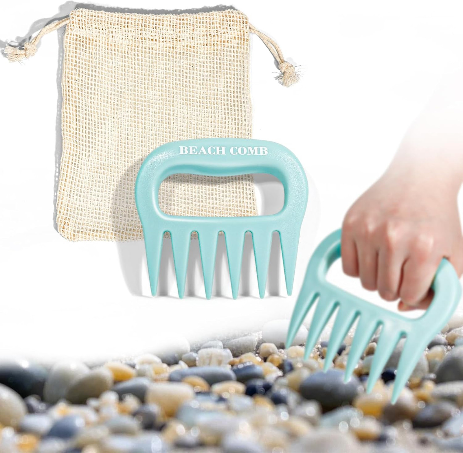 Beach Sand Scoop with Rake Mesh Bag Plastic Sea Glass Shell Digger for Coastal
