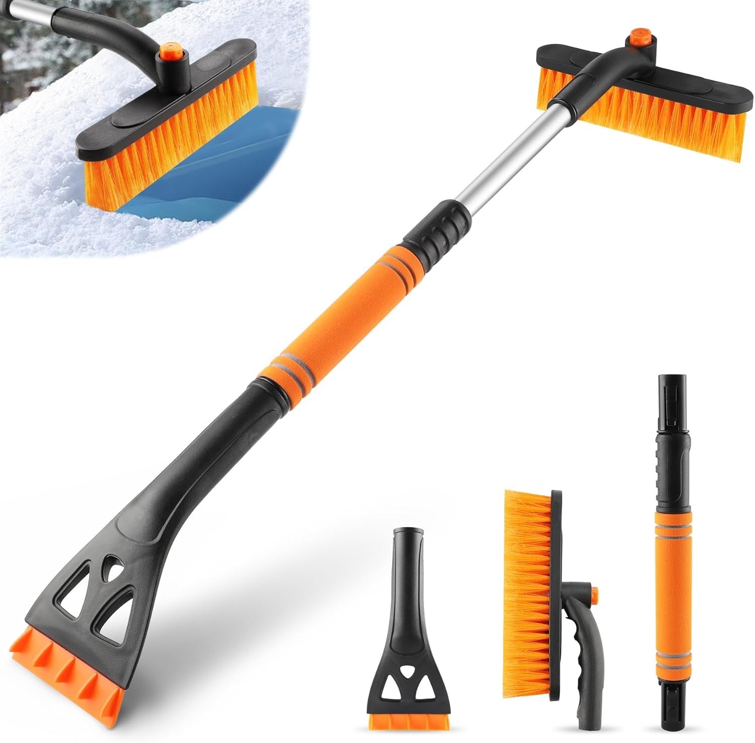 32-Inch Extendable Snow Brush & Ice Scraper with 360° Rotating Head