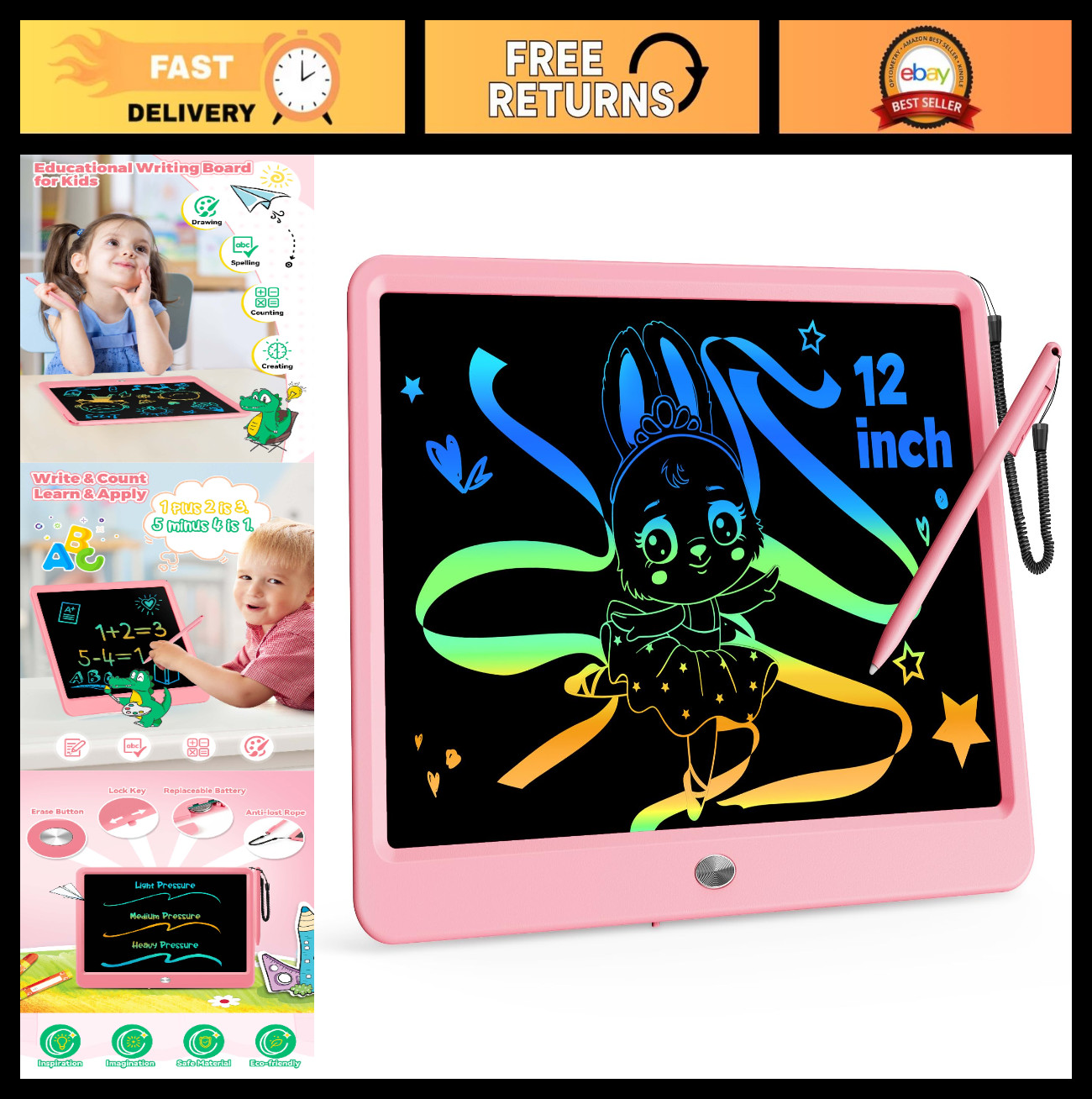 12" LCD Writing Tablet, Erasable Doodle Board, Colorful Drawing Pad for Kids & A