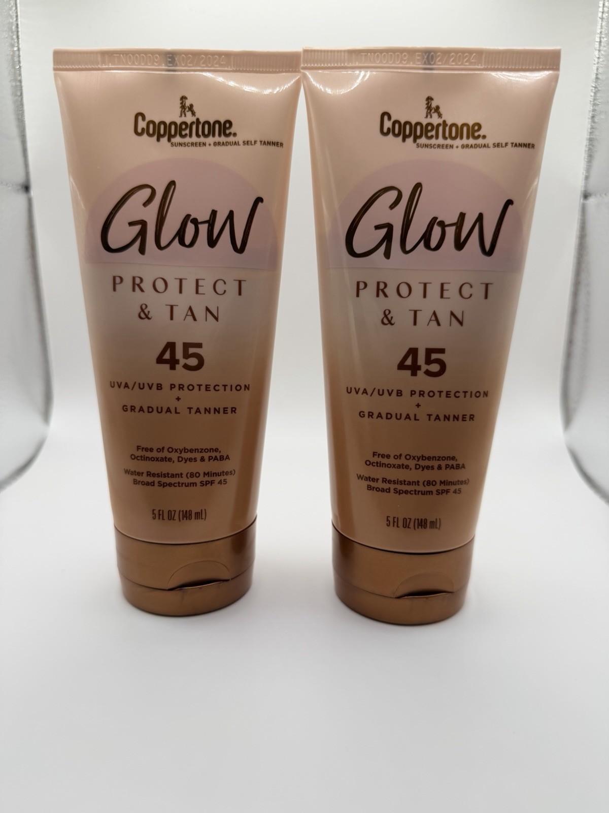 Coppertone Glow Protect and Tan Sunscreen SPF 45, 5 fl Oz EXP 02/2024 (2 Pack)