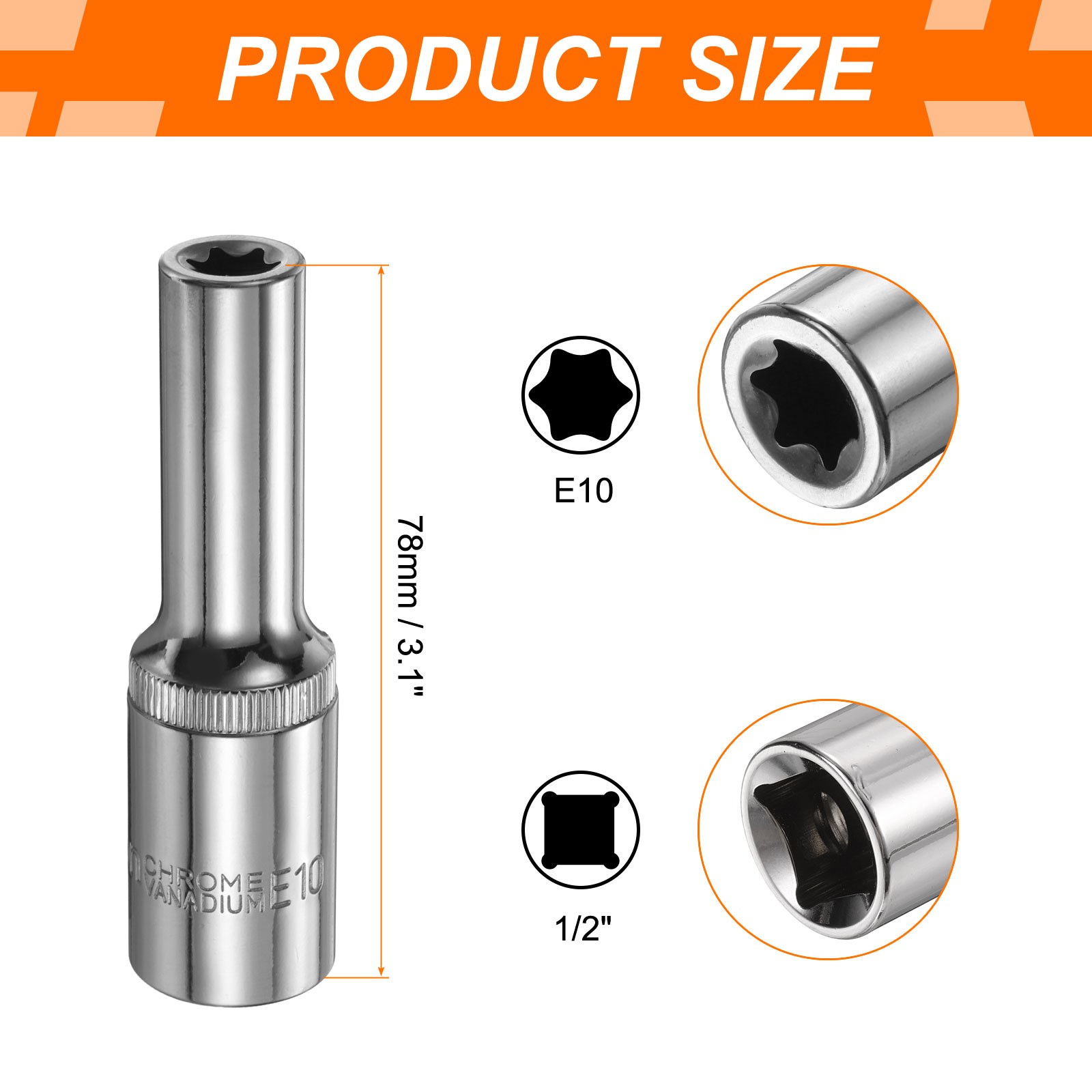 E-Torx Socket 1/2" Drive E10 Star 3.1" Length 6 Point Spline Socket