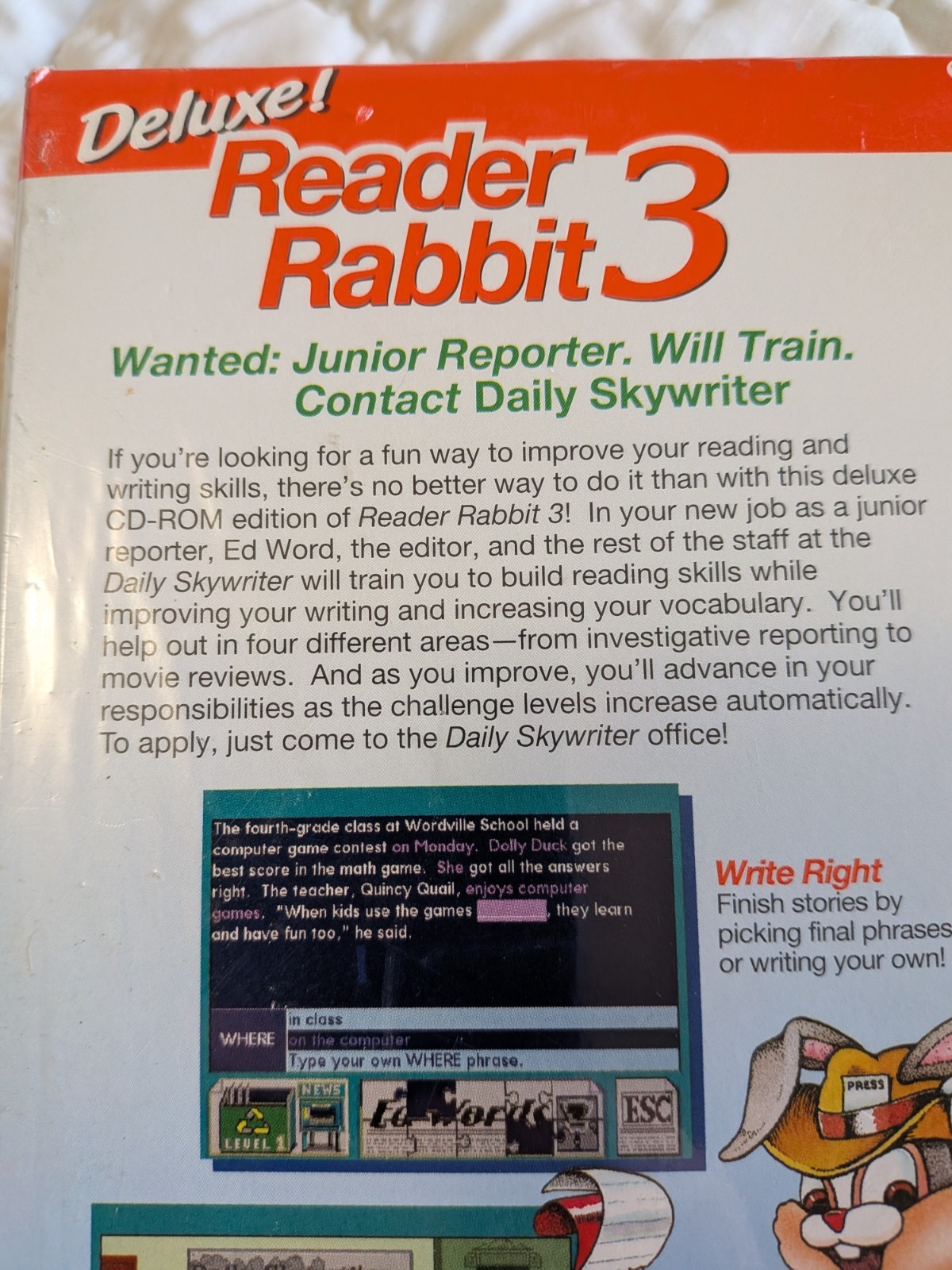 The Learning School Deluxe Reader Rabbit 3 WIndows Or MAC Ages 6-9 Unopen 1996