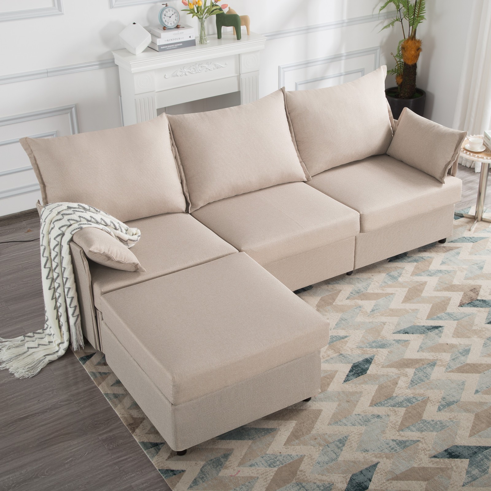 93.7" Modern Sectional Sofa w/Ottoman High-Density Foam 2 Pillows Included Beige