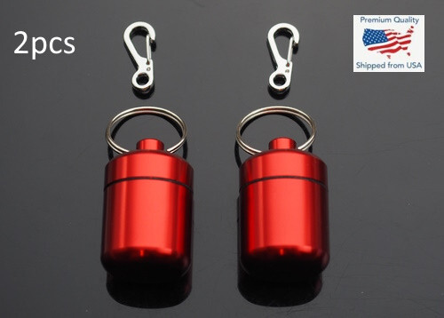 2 PCS Waterproof 1" Wide Pill Container Capsule Bottle Keychain & Clip - Red