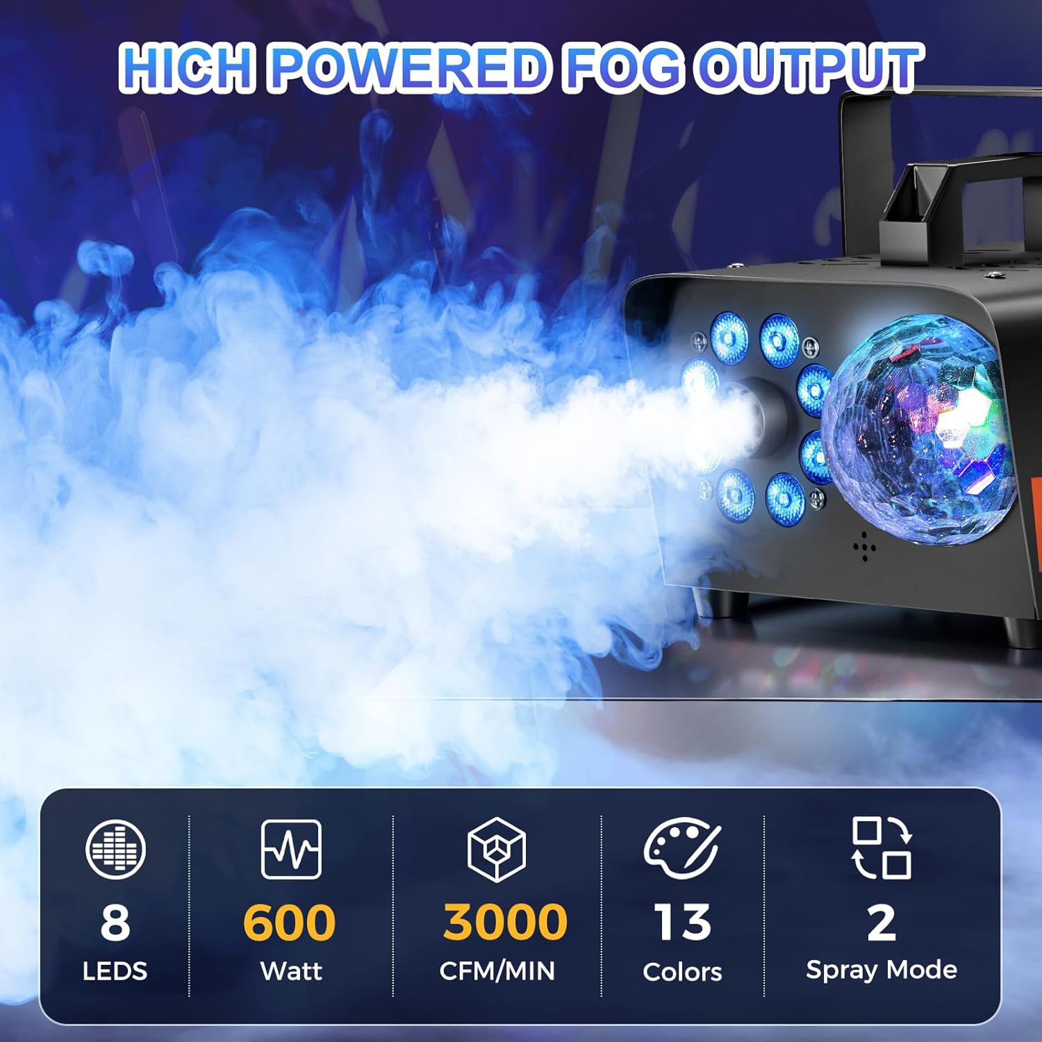 600W Fog Machine Smoke Machine w/ Disco Ball Lights 3000CFM 13-Color LED Effects