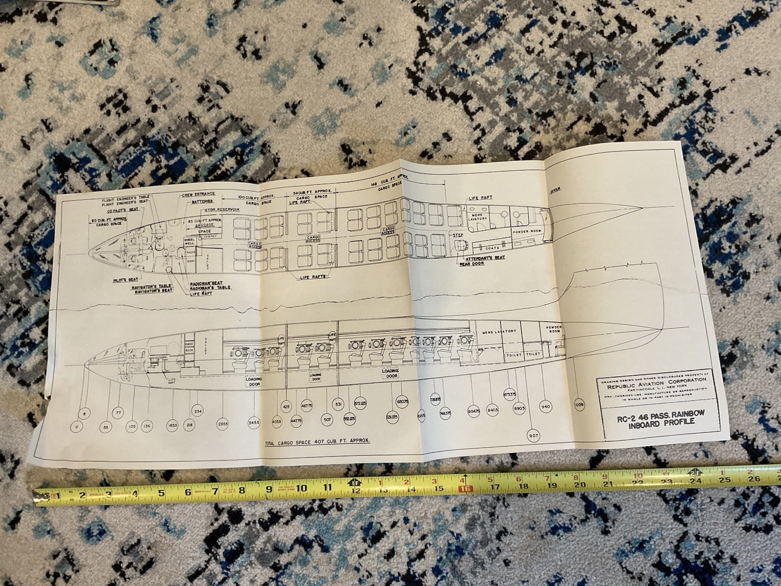 ORIG VINTAGE REPUBLIC AVIATION FACTORY DIAGRAM RC-2 RAINBOW INBOARD PROFILE