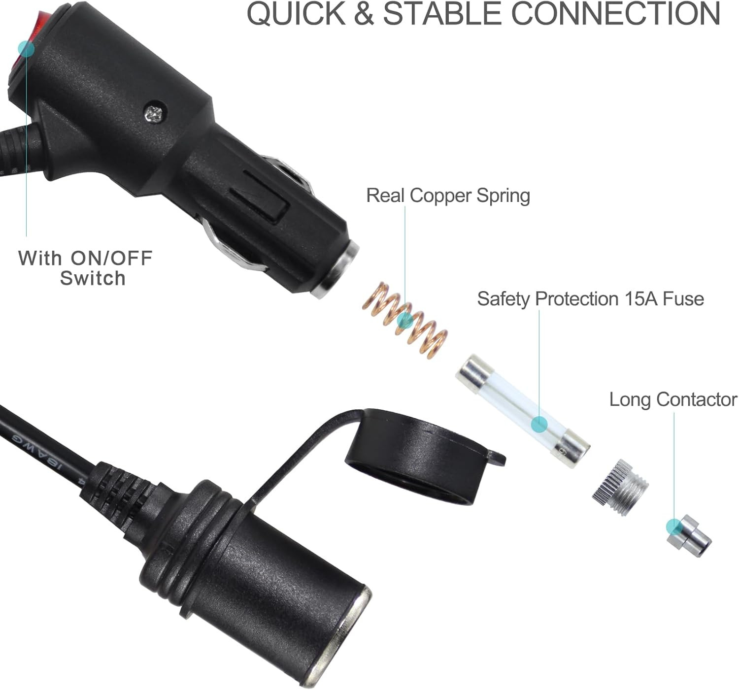 10FT 12Volt DC Cigarette Lighter Extension Cord with on off Switch - Black Car P