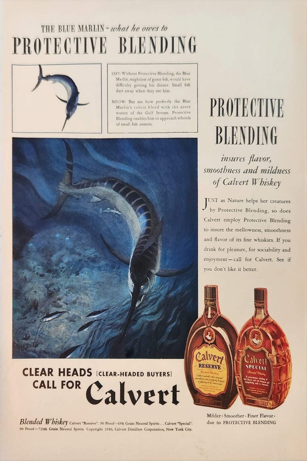 1940 Calvert reserve special whiskey Vintage Ad The blue marlin