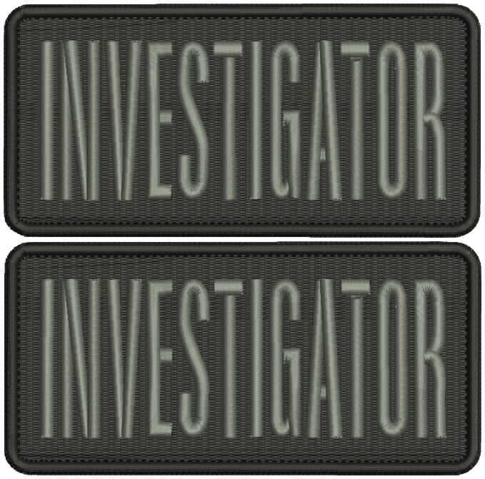 2 "investigator" embroidery patch 3x6 inches hook on back grey letters
