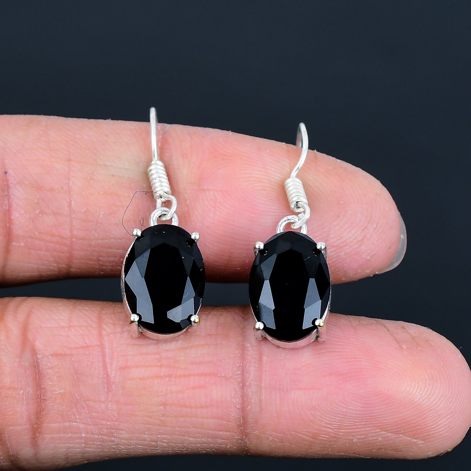 Black Spinel 925 Sterling Silver Oval Gemstone Solitaire Earring 1.4" AAB 337
