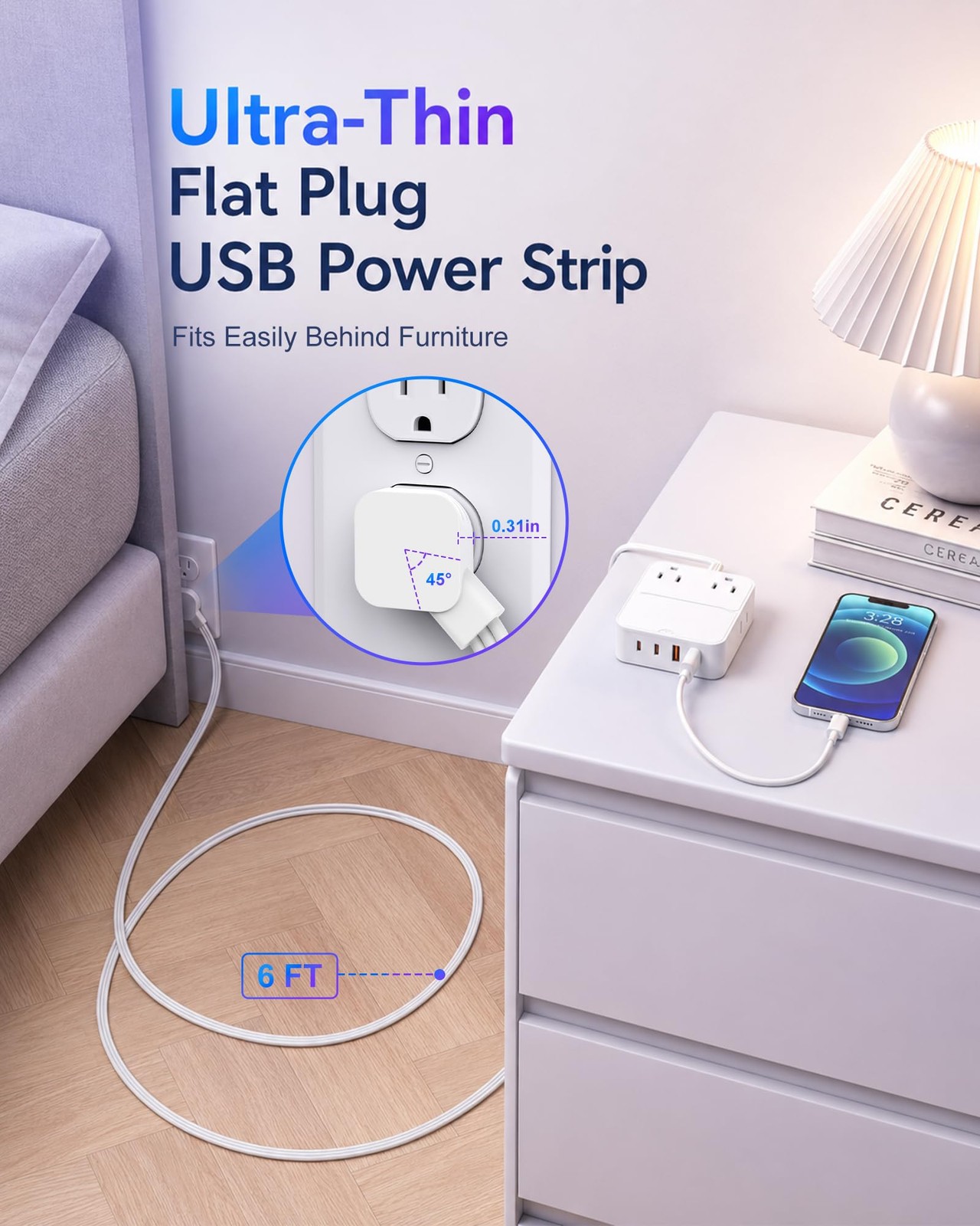 Surge Protector Power Strip: Multiple Outlets Extender with 6Ft Flat Plug Ext...