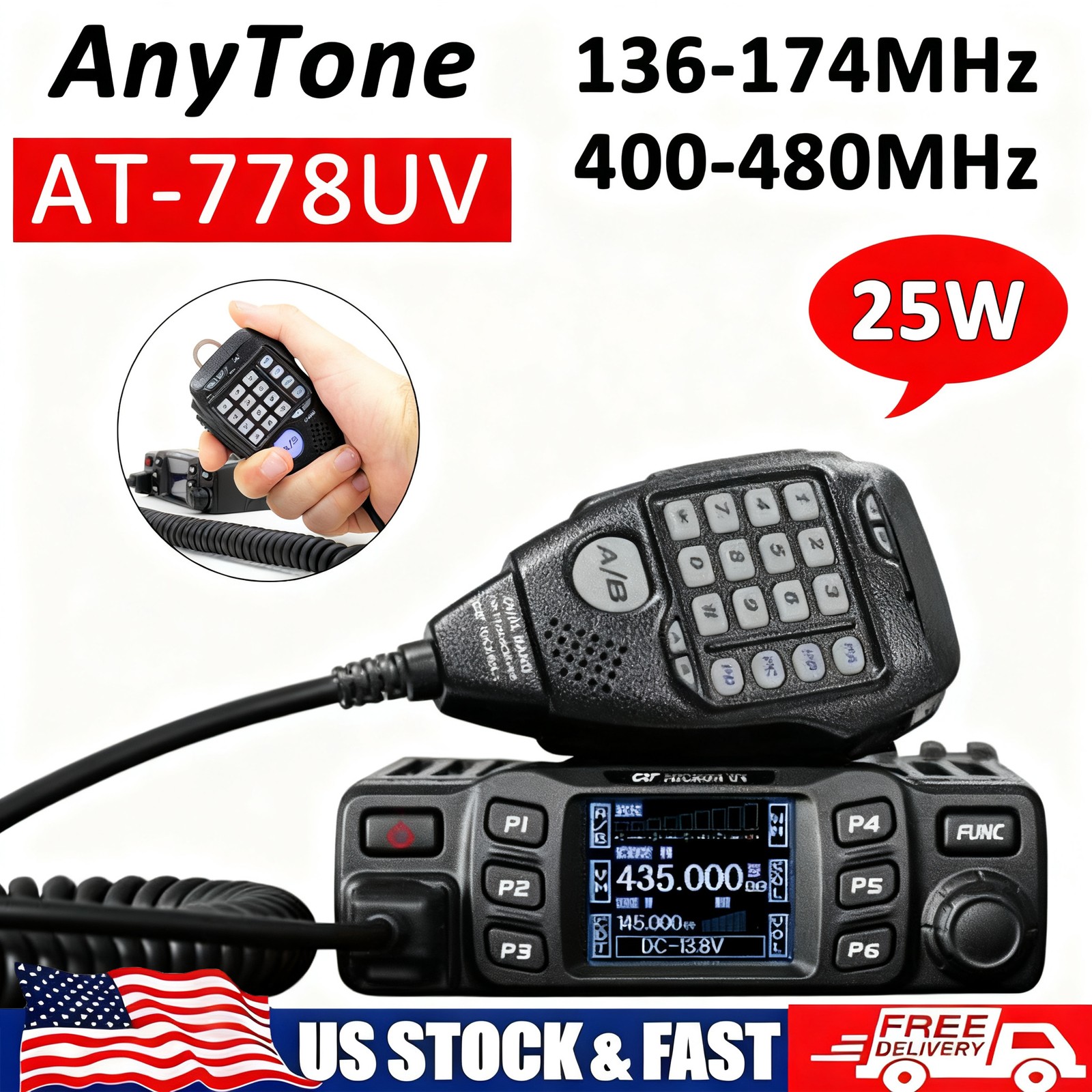 AT-778UV Car Radio 25W Dual Band Transceiver 136-174MHz 400-480MHz Walkie Talkie
