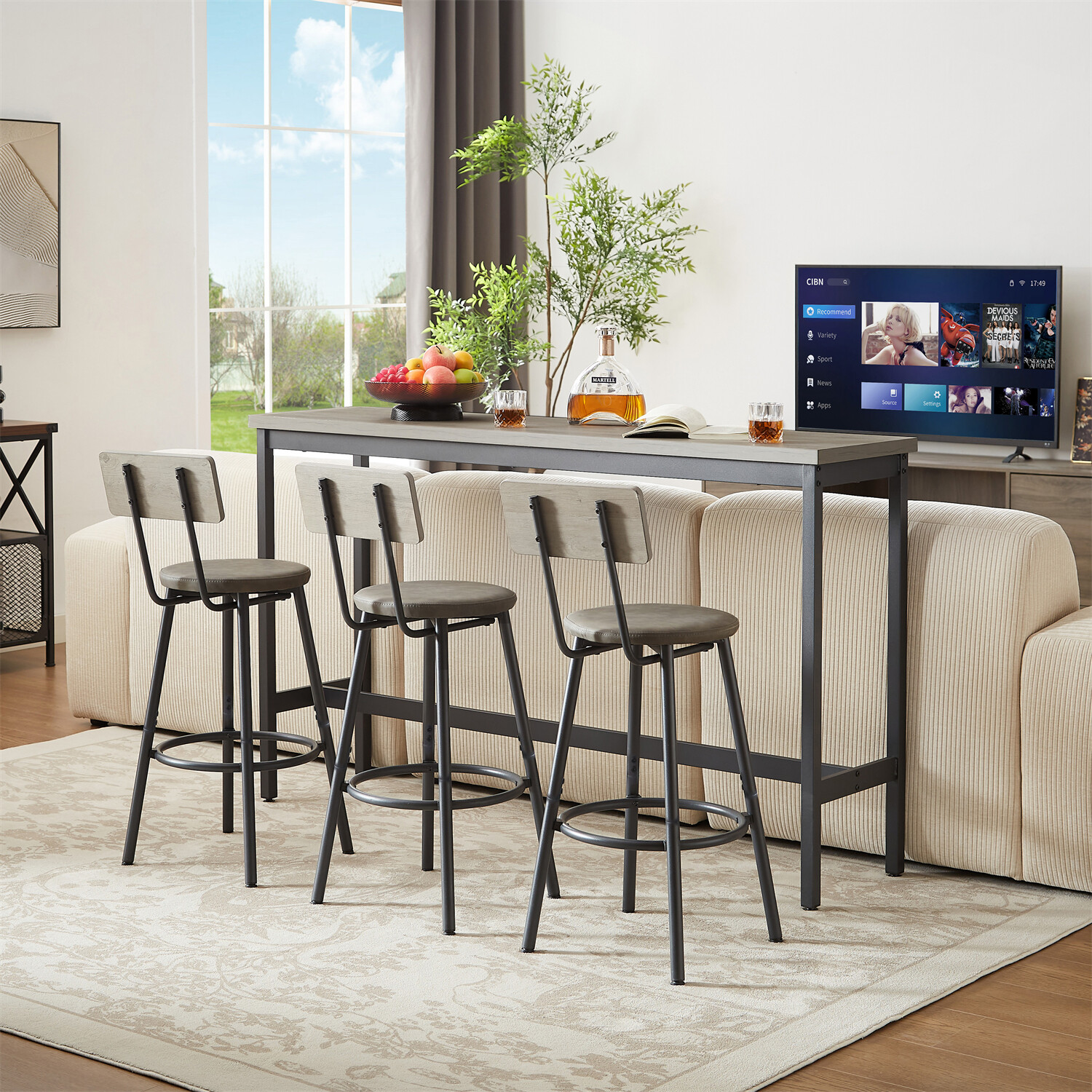 4-Piece Bar Table Set Counter Height Kitchen Pub Table with 3 Bar Stools Gray