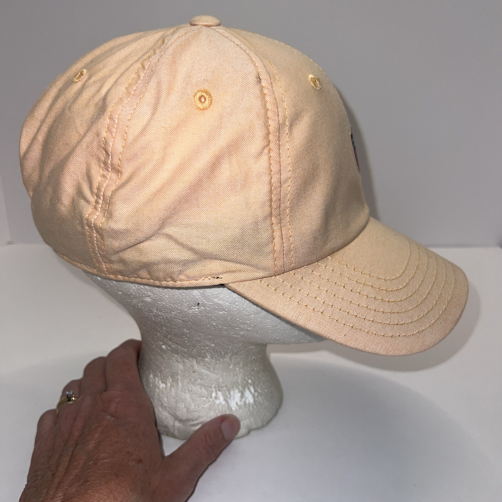 Stars and Stripes RWB Patch on Peach Linen Like Hat Cap American Needle BrandEUC