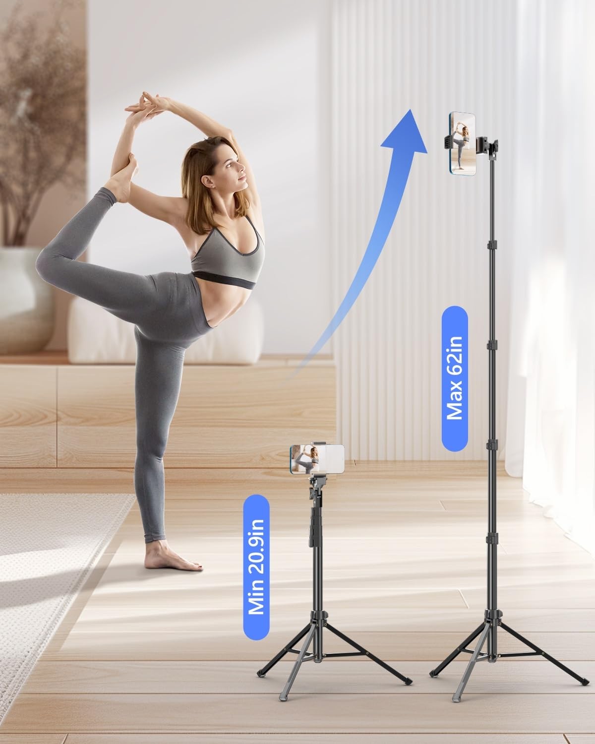62’’ Cell Phone Tripod Stand, Adjustable Floor Cellphone Tri Pod Holder with ...