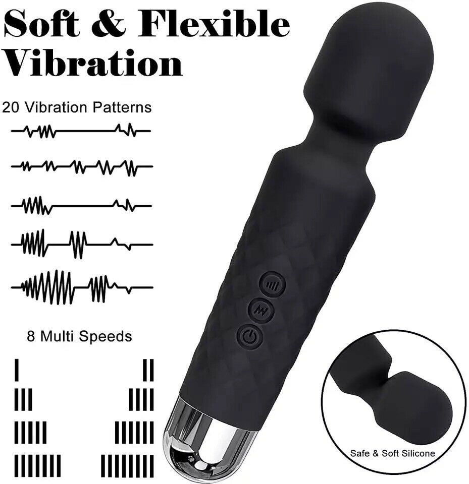 Black Rechargeable 20 Speed Handheld Massager Vibrator Wand Vibrating Massage