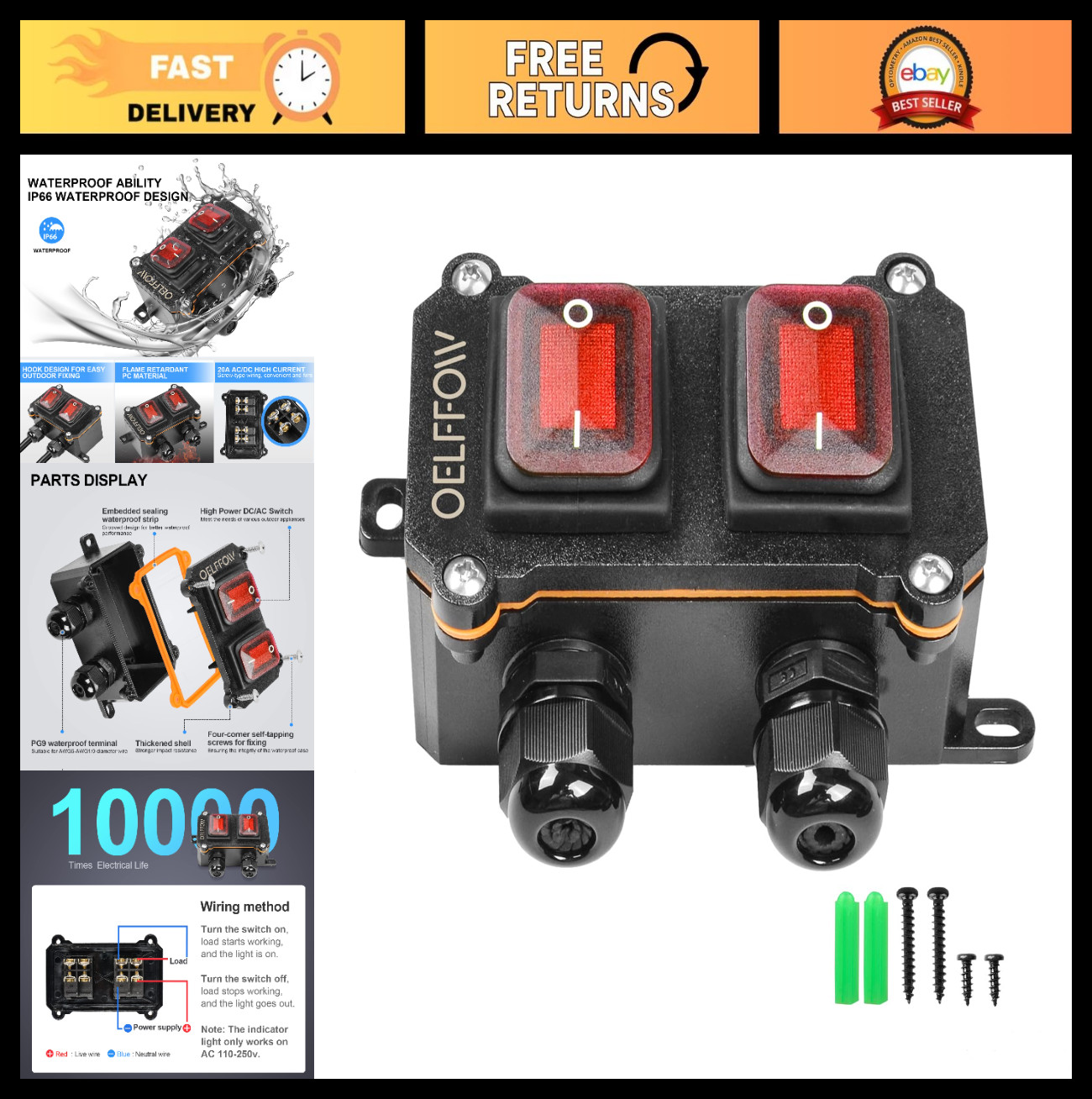 Waterproof Double Toggle Switch with Red Light Rocker Button - DPST AC/DC 20A-12