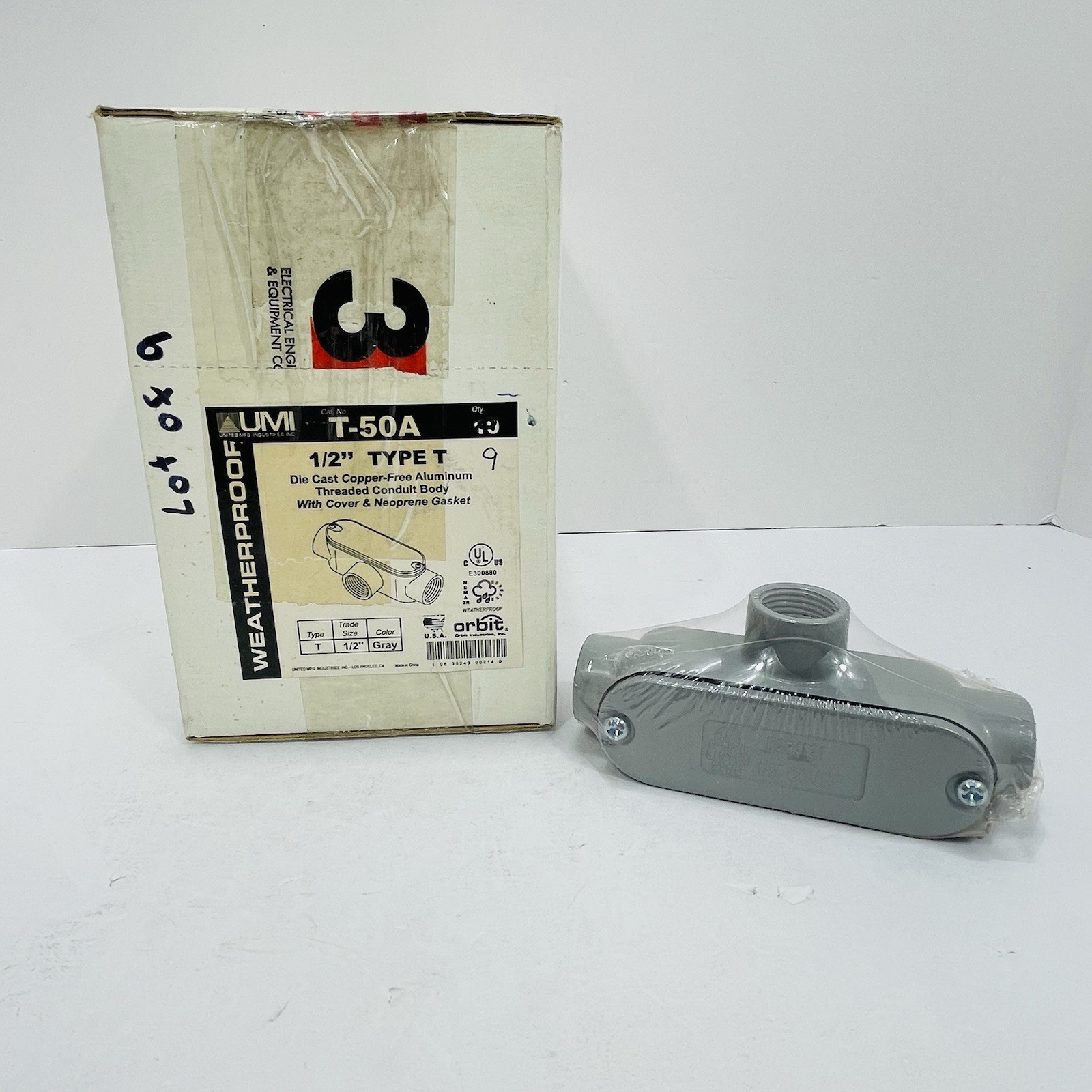 Qty 9 Orbit UMI T-50A 1/2” Aluminum Type-T Conduit Body W/ Cover & Gasket ~New~