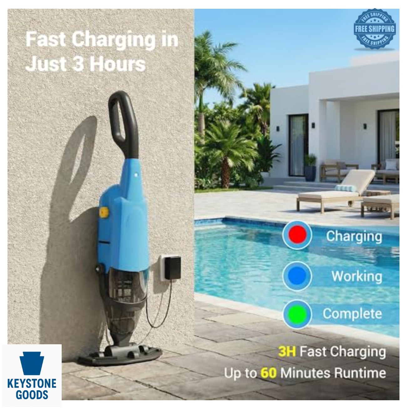 Cordless Handheld Pool Vacuum 18 GPM 60 Min Runtime 120μm Fine Filter Above