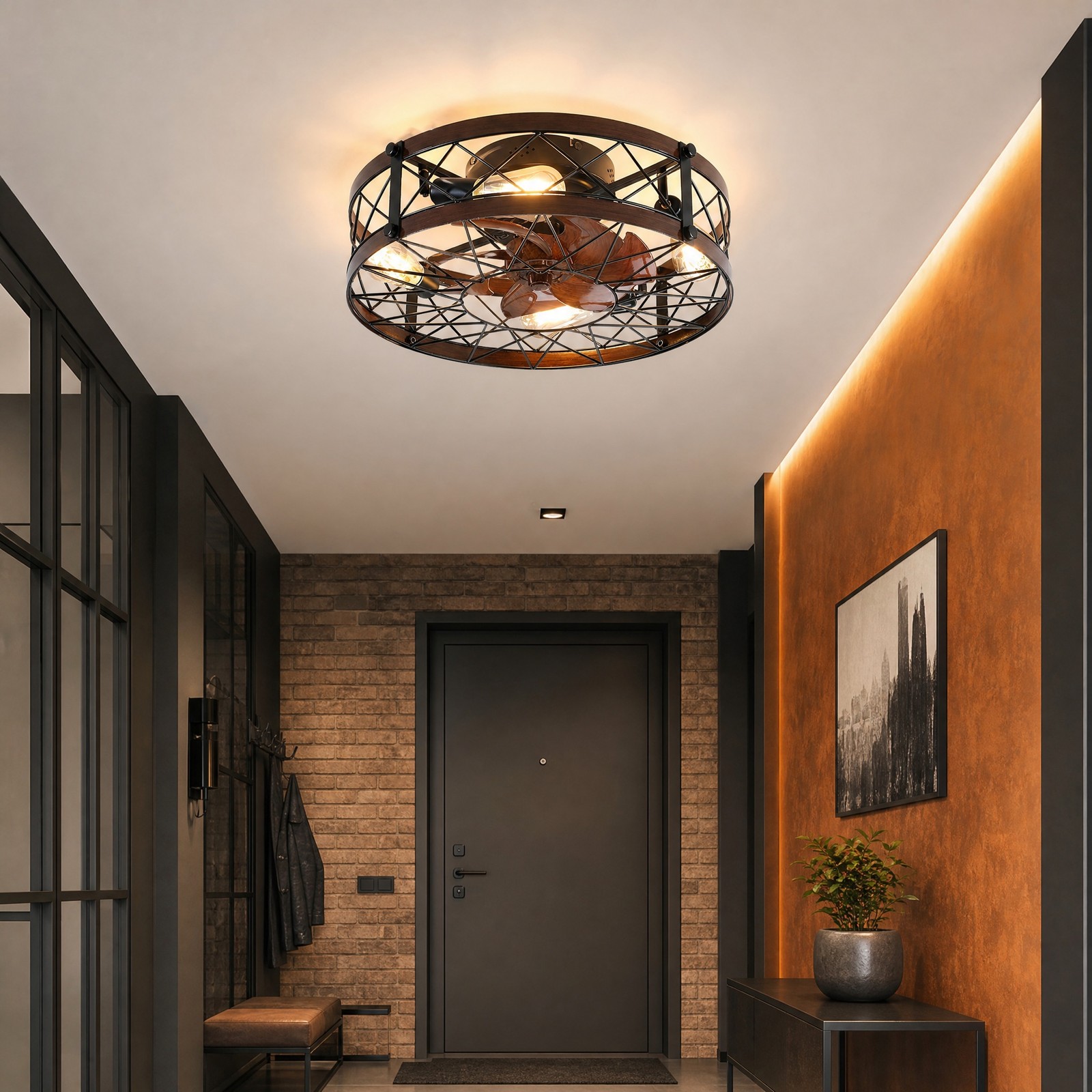 20 inch Rustic Black Caged LED Ceiling Fan with Light Flush Mount Remote Control