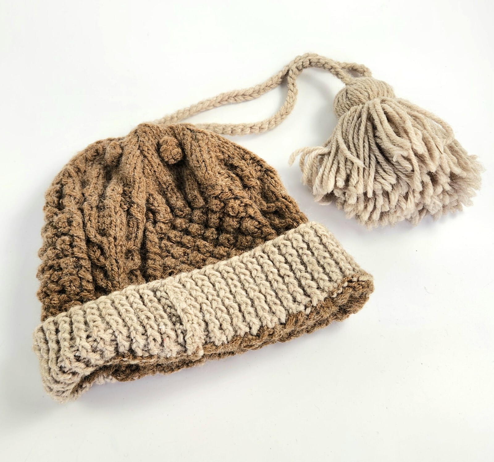 Vintage- Winter Hat - Handmade - Brown & Beige - Knitted