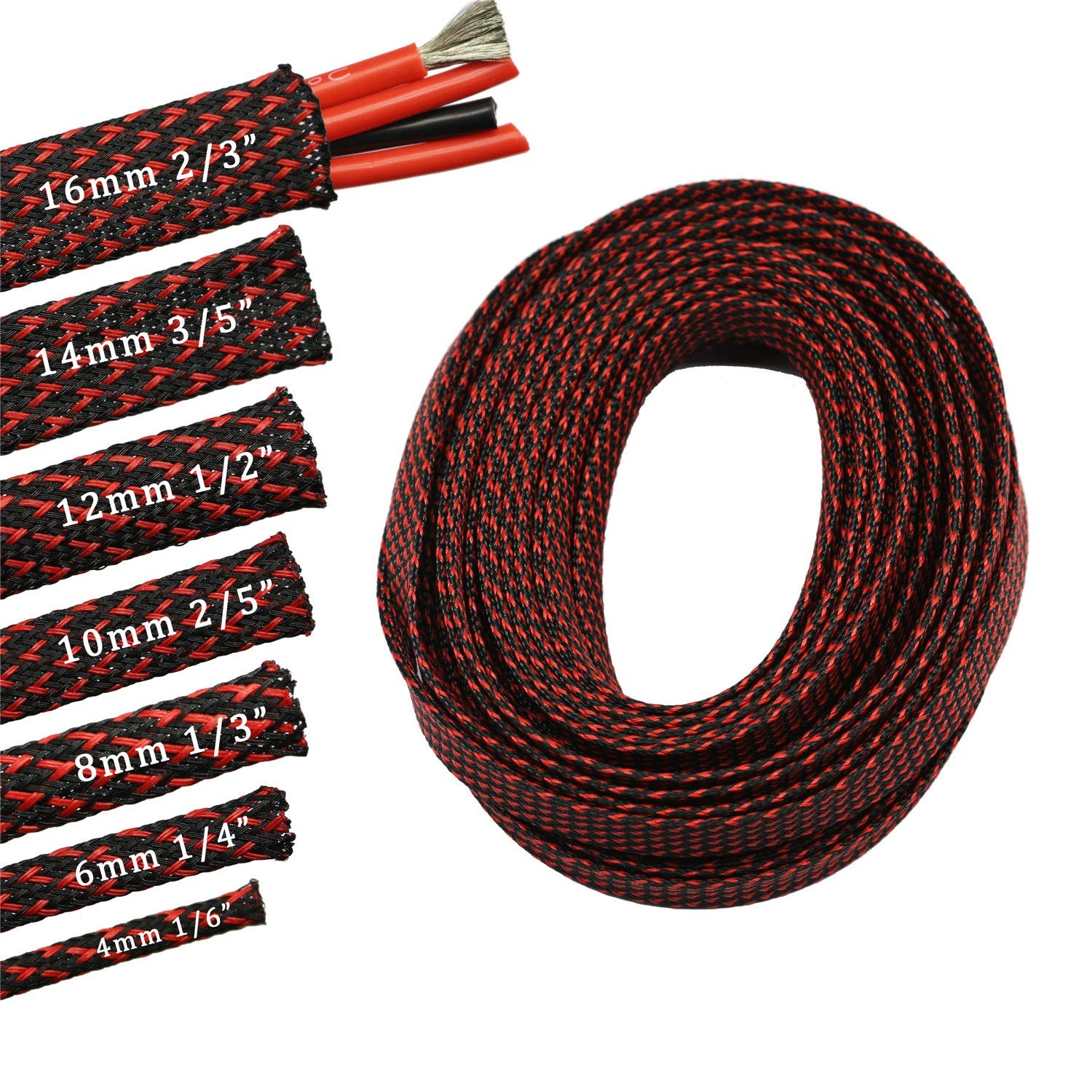 30ft PET Expandable Sleeving Wire Cable Sleeve 1/2, RedBlack