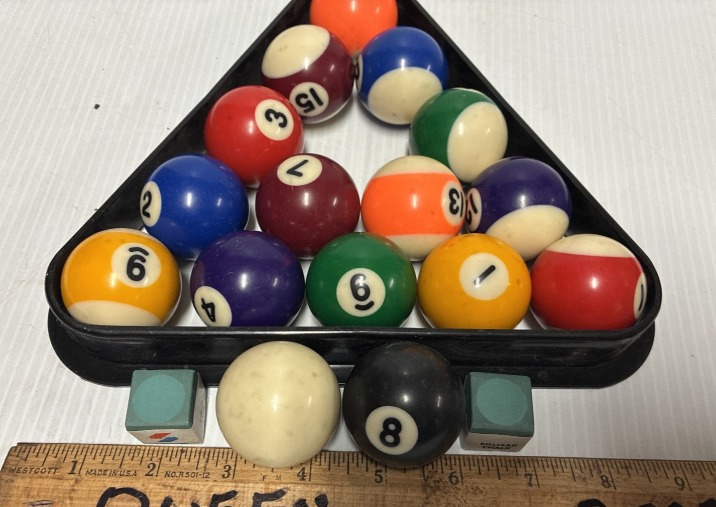 Sportcraft  Pool Balls Billiards Complete Set 1.5" w/w/ Cue Ball Rack & 2 Chalks