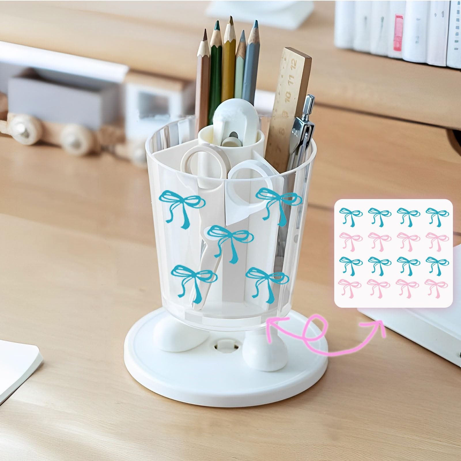 Rotating Pen Holder,Cute Bow Pen Holder,Office Desk for Work, ,or Home