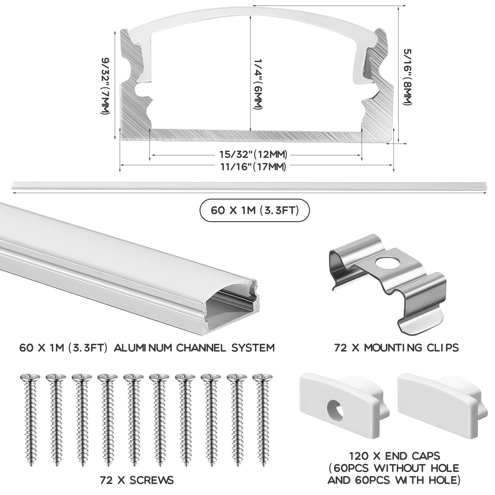 60 Pack 3.3FT 1Meter U Shape LED Strip Aluminum Channel Diffuser System with ...