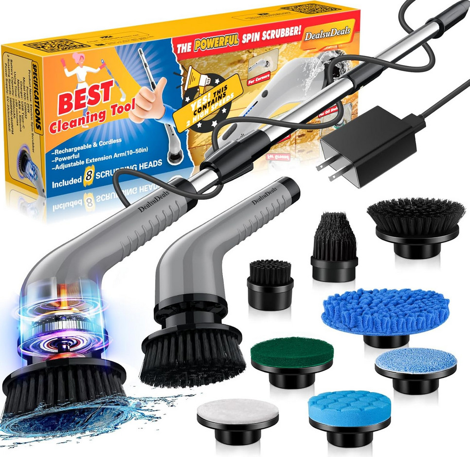 DealsuDeal | Electric Spin Scrubber | Cordless Power Brush with 8 Cleaning Heads