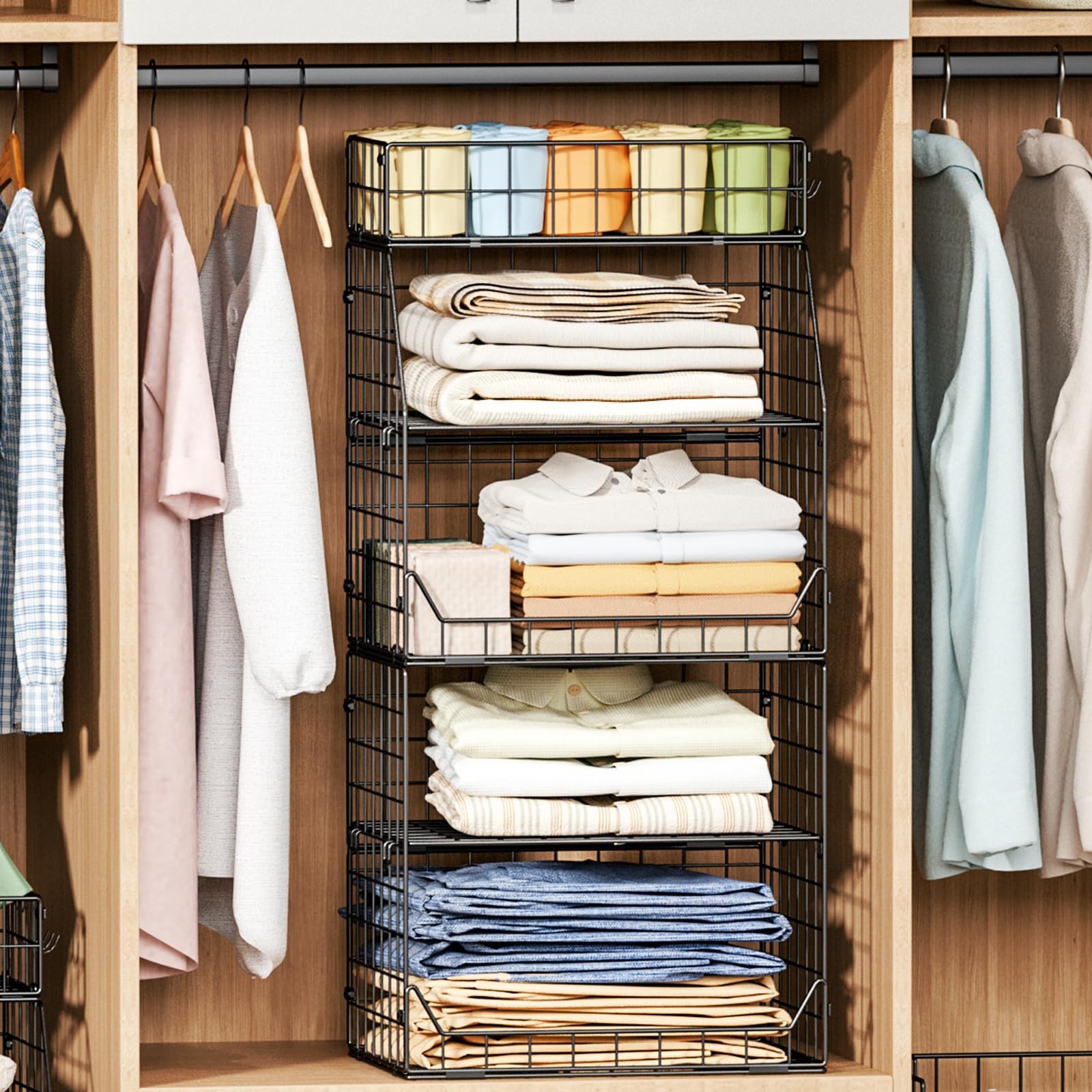 5-Tier Stackable Closet Organizers and Storage with Small Basket for Hats,Clo...