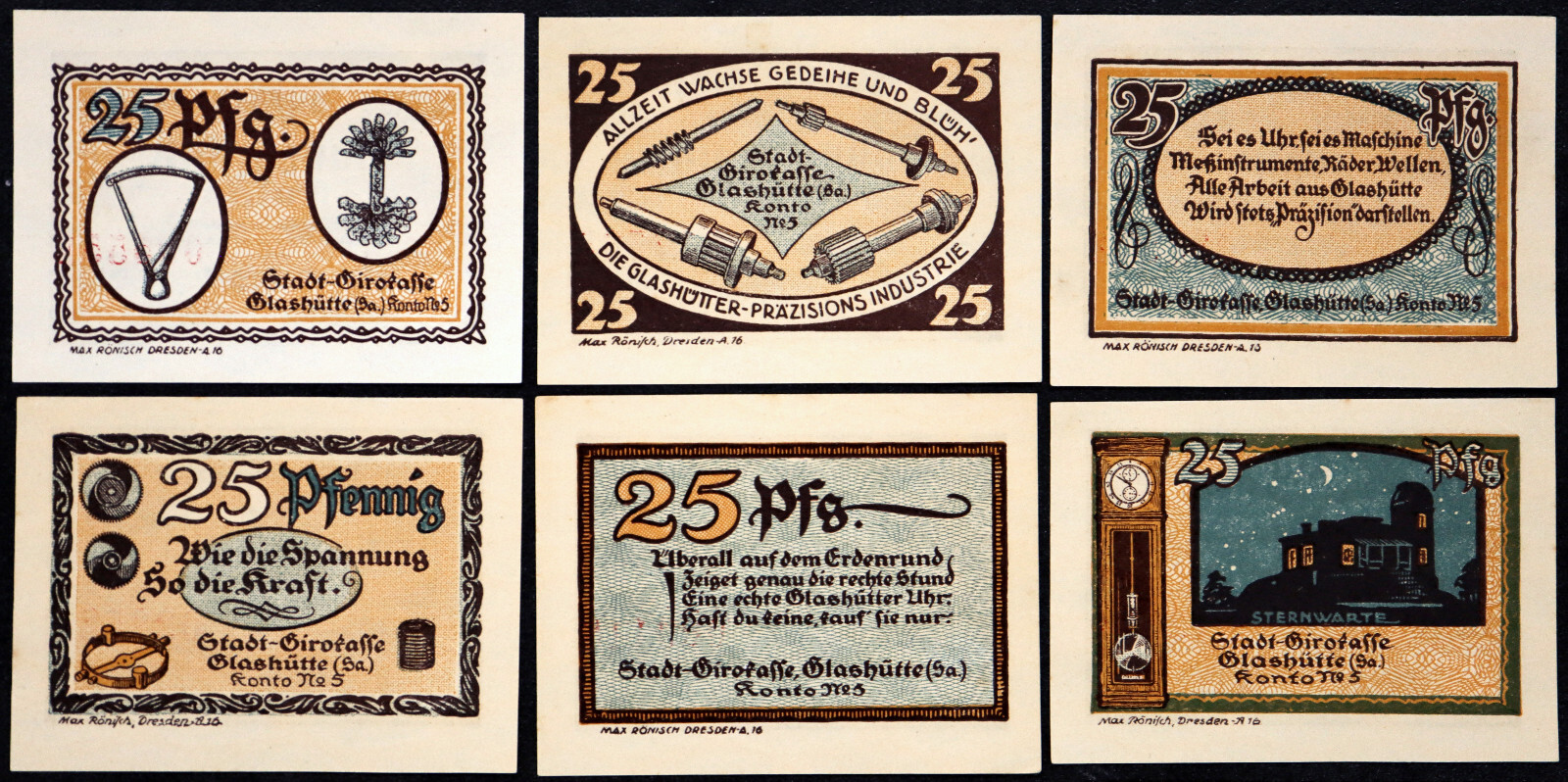 GLASHÜTTE 1921 "Clocks/Precision Industries" RARE Complete 18-note Set Notgeld