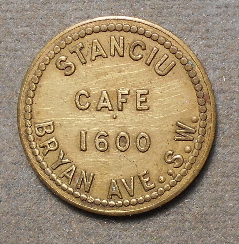 Canton OH: Stanciu Café, 1600 Bryan Ave. S.W.   Good For 5c In Trade. Brass, 20