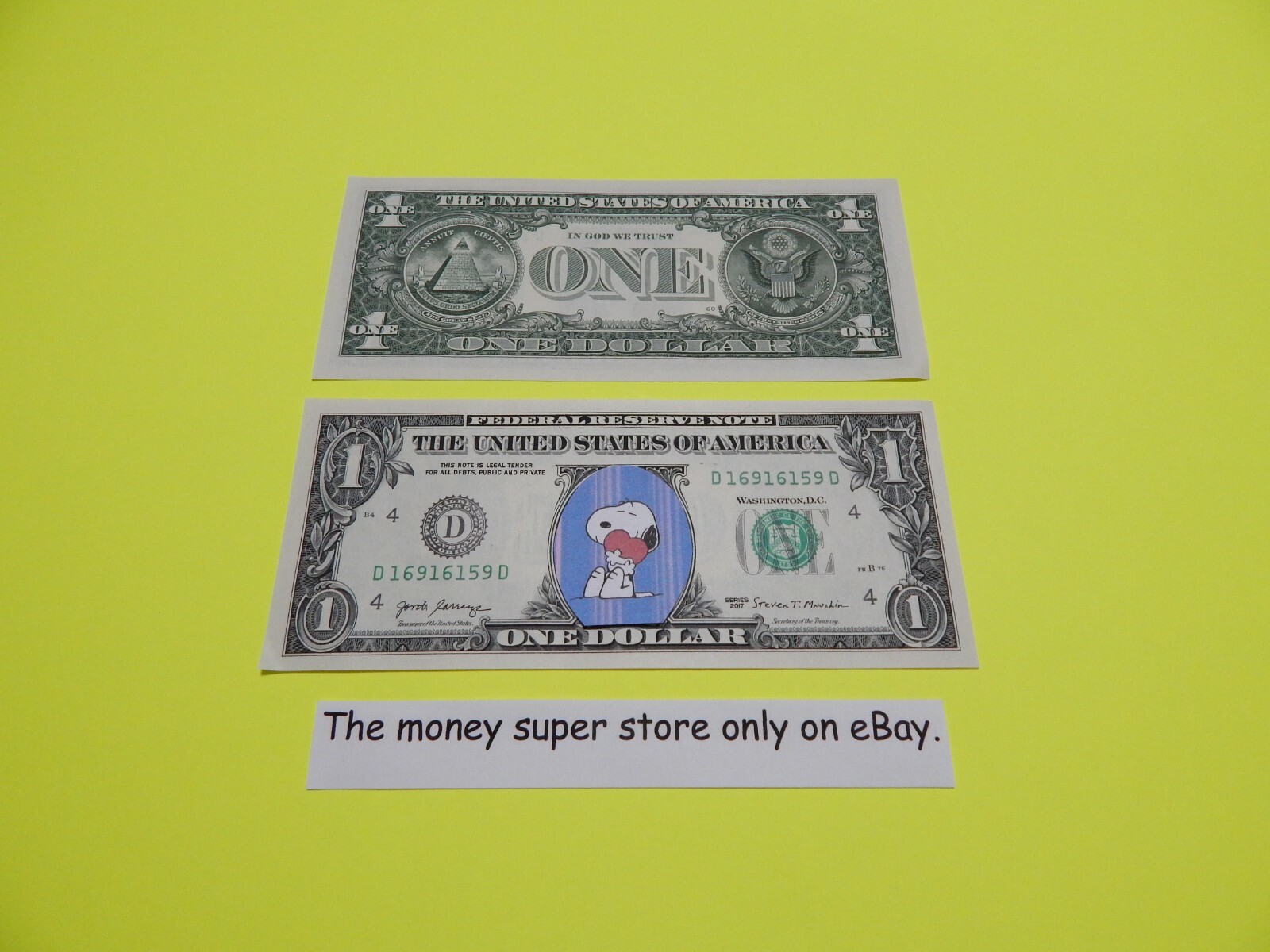 SNOOPY VALENTINES NEW EDITION U.S. $1 DOLLAR BILL MONEY CURRENCY ITEM #709.