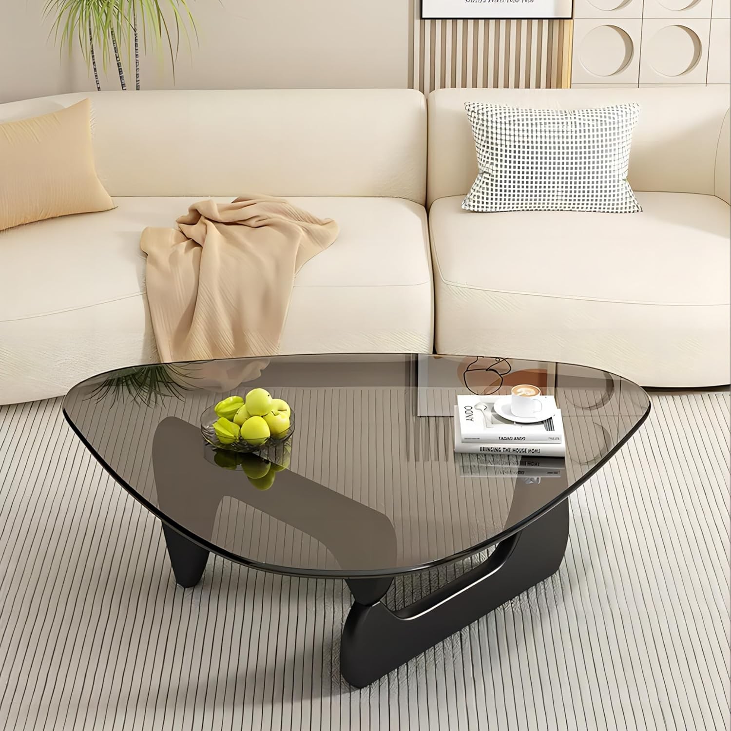 Modern Glass Coffee Table, 32.68" D x 22.44" W x 15.75" H, Abstract Round Tea
