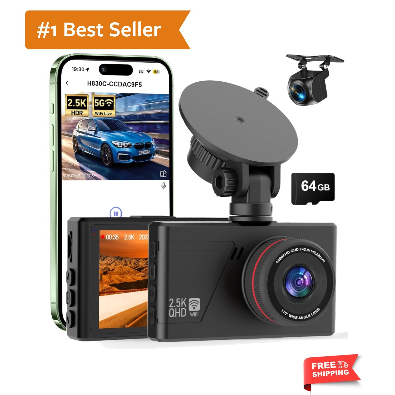 Dash Camera for Cars, 2.5K Dual Dash Cam Front and Rear W/ 64GB Card,3"IPS Sc...