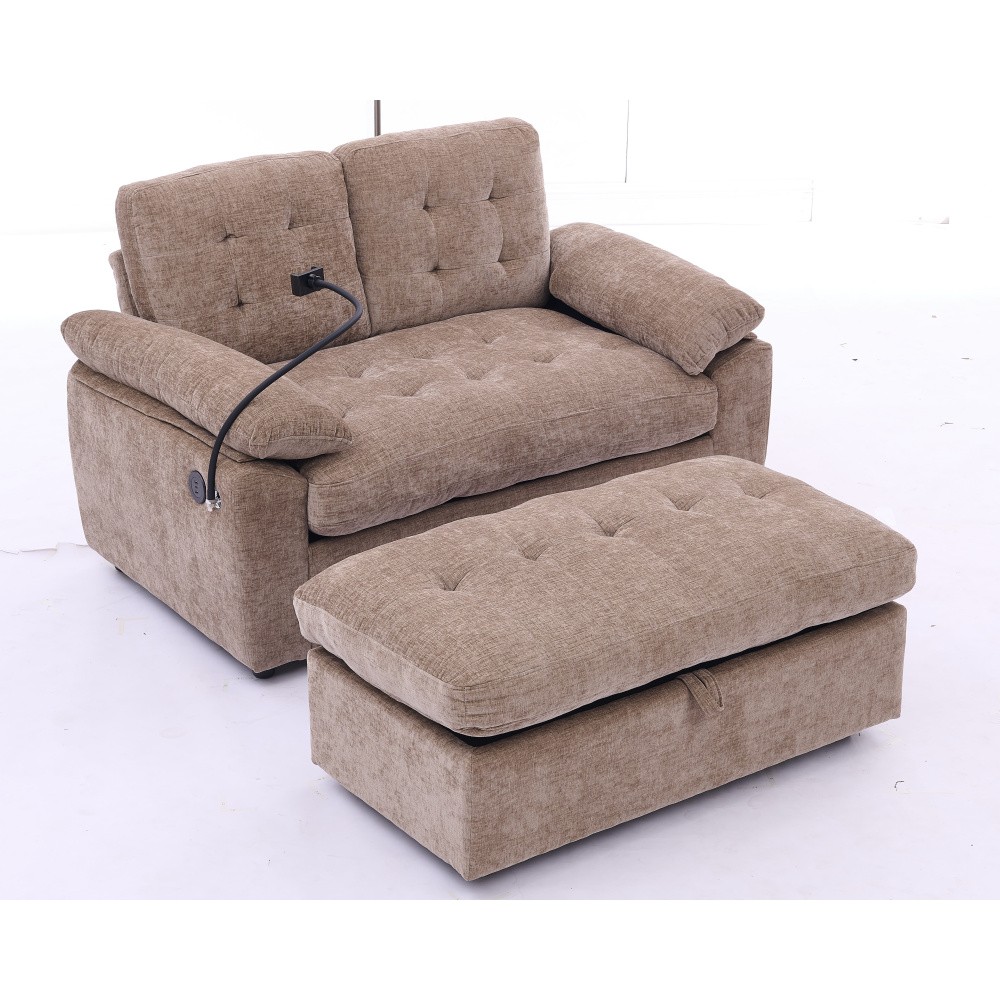 Double Sofa Recliner w/ Adjustable Backrest, USB Port, Ottoman - Brown