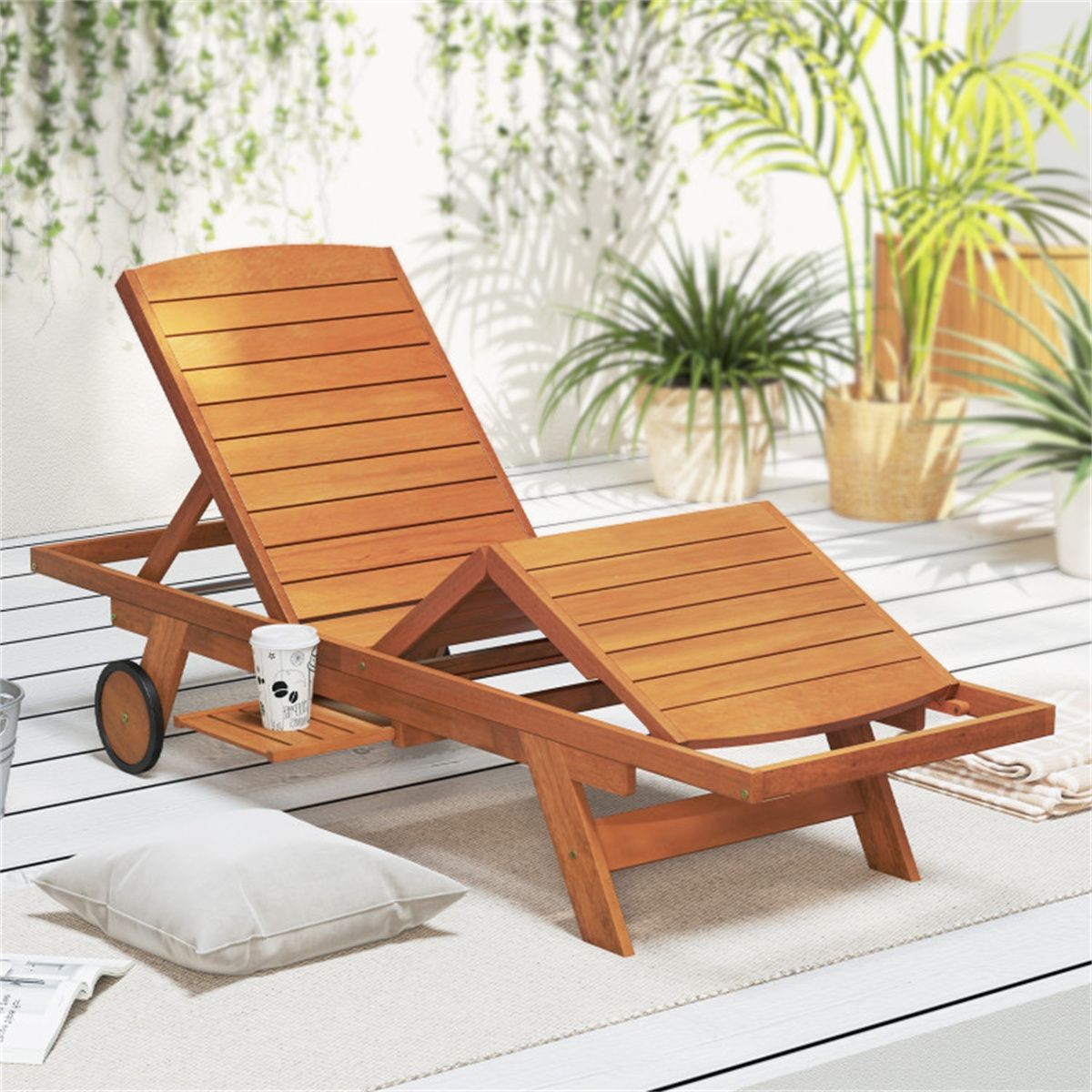 Solid Wood Outdoor Chaise Lounge, 4-Position Adjustable Backrest with Extendable
