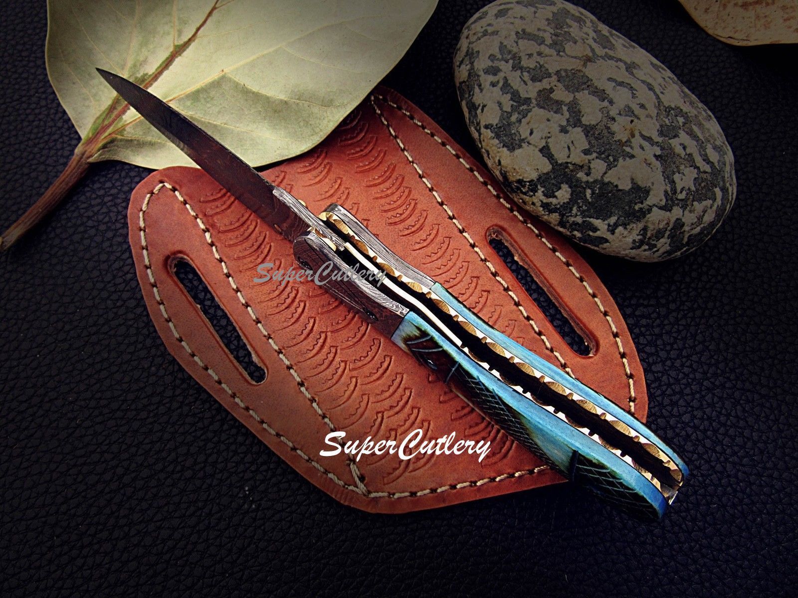 CUSTOM DAMASCUS STEEL POCKET FOLDING KNIFE- ENGRAVED FLAMED BONE LINER LOCK