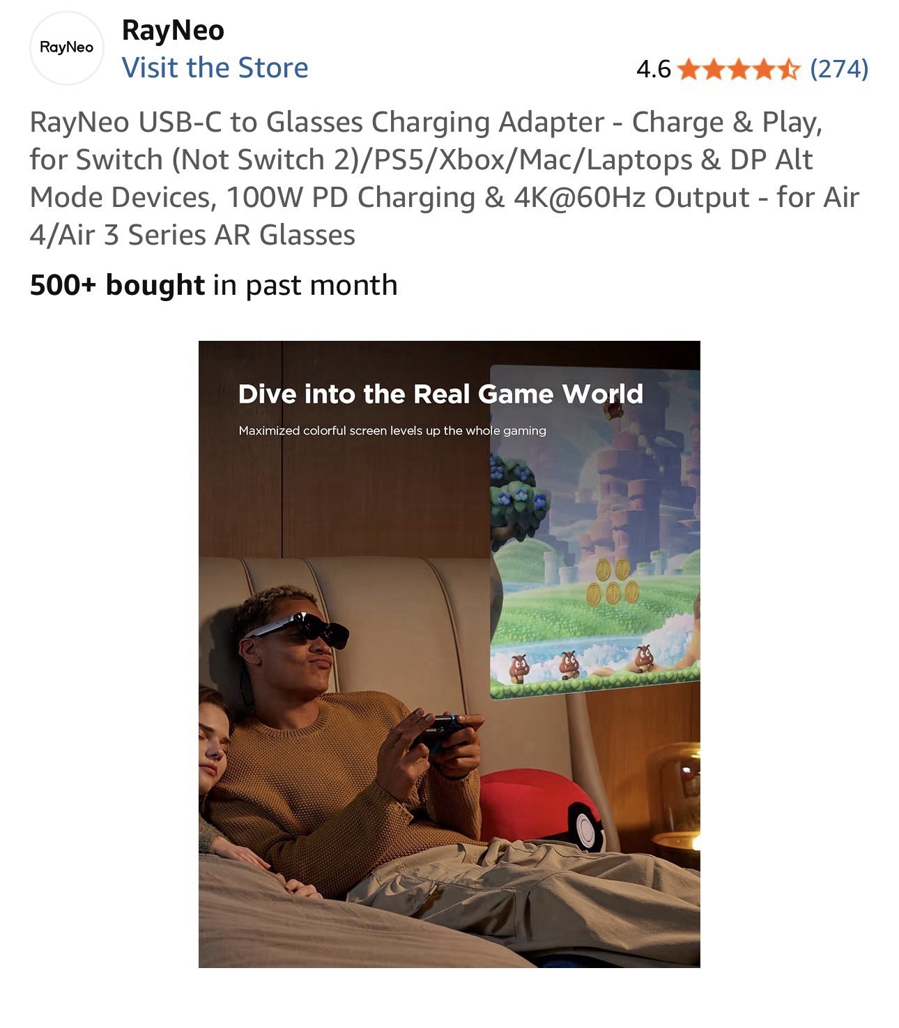 RayNeo USB-C to Glasses Charging Adapter - Charge & Play, for Switch