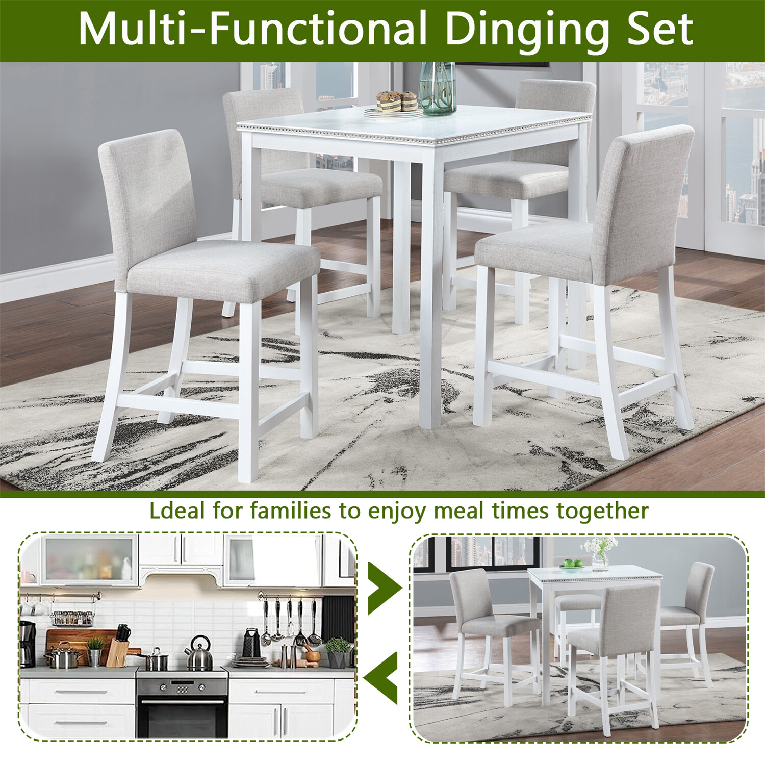 5 Piece Dining Table Set Wood Dining Table w/ 4 Chairs for Kitchen Dining Room