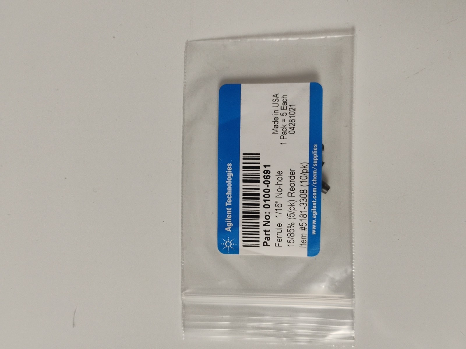 Agilent 0100-0691 Ferrule 1/16" No-Hole 15/85% 5pk , Last One