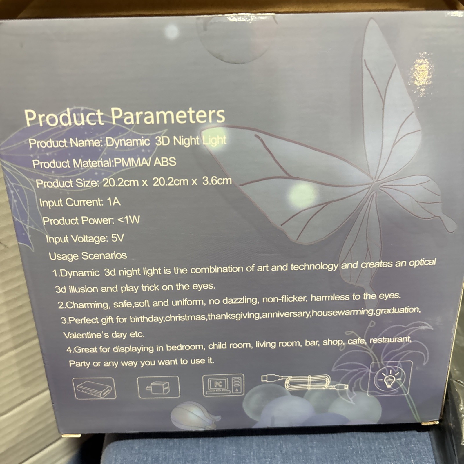 TOOGE Dynamic 3D Night Light Butterfly LED Lamp Blue Box