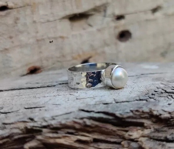 Freshwater Pearl Ring Solid 925 Silver Handmade Hemmered Ring All Size SR674