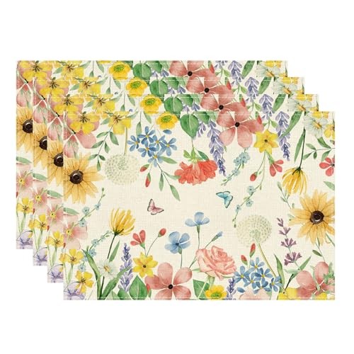Watercolor Wildflowers Spring Placemats Set of 4 Summer Set of 4 12x18 Inch