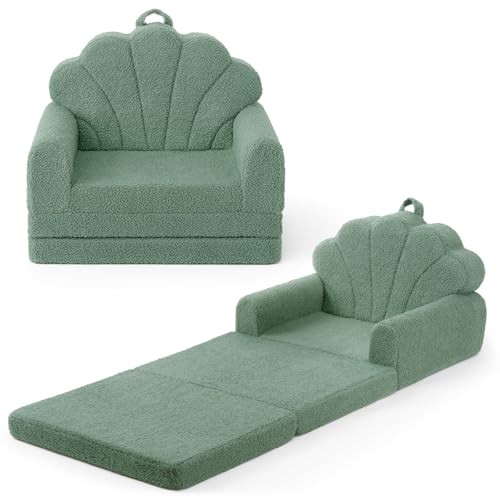 Kids Couch, 2-in-1 Soft Toddler Couch Fold Out, Toddler Chair Green Shell